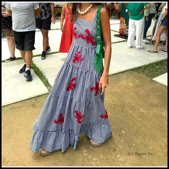 Linen Maxi Dress Flowy Ruffle Gingham Print Summer Casual Boho Chic - Picture 2 of 6